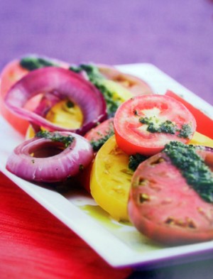 Fusion Salad of Heirloom Tomatoes and Cilantro Pesto